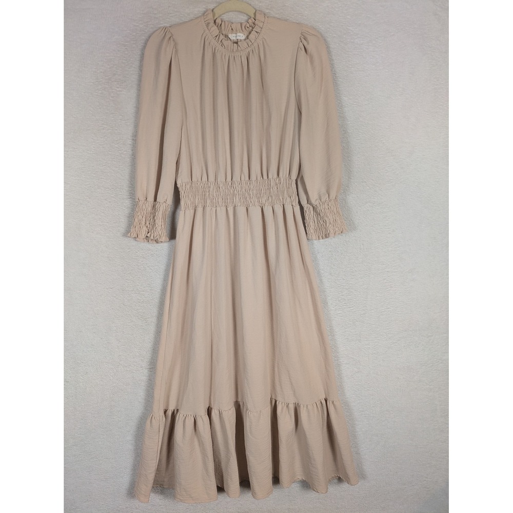 Reborn J Midi Dress Women's L Beige Smocked Waist Ruffle Neck Long Sleeve Tiered